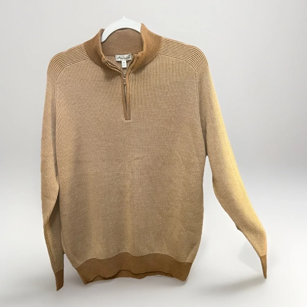 Peter Millar Men's XL 1/4 Zip Sweater 100% Merino Wool Camel Tan MF22S07